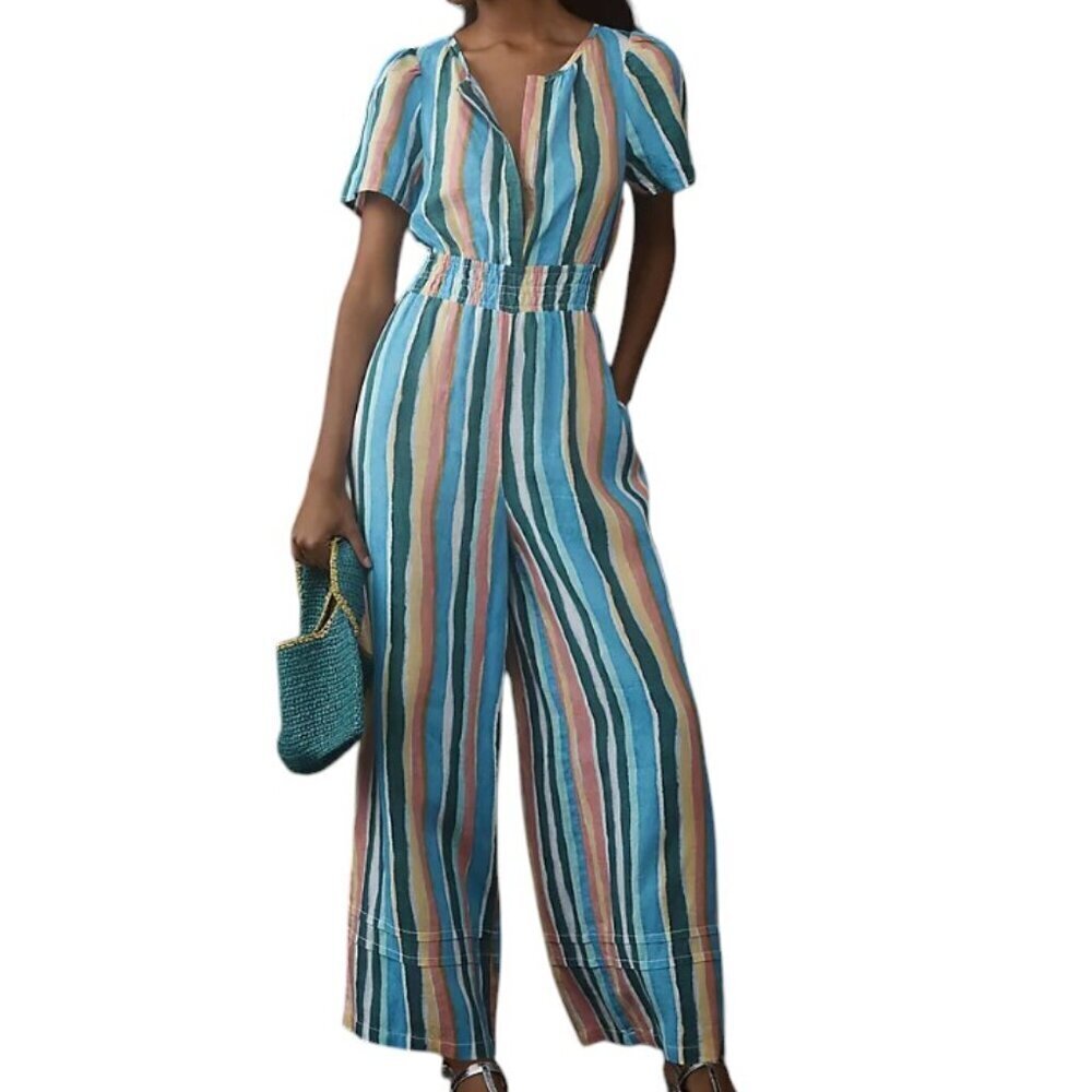 Anthropologie The Somerset 100% Linen Striped Colorful Jumpsuit Wide Leg XS TALL